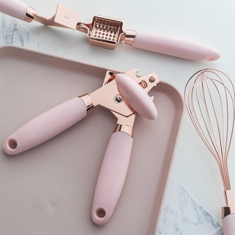Küchenutensilien-Set, siebenteilig, in Roségold mit Silikongriffen