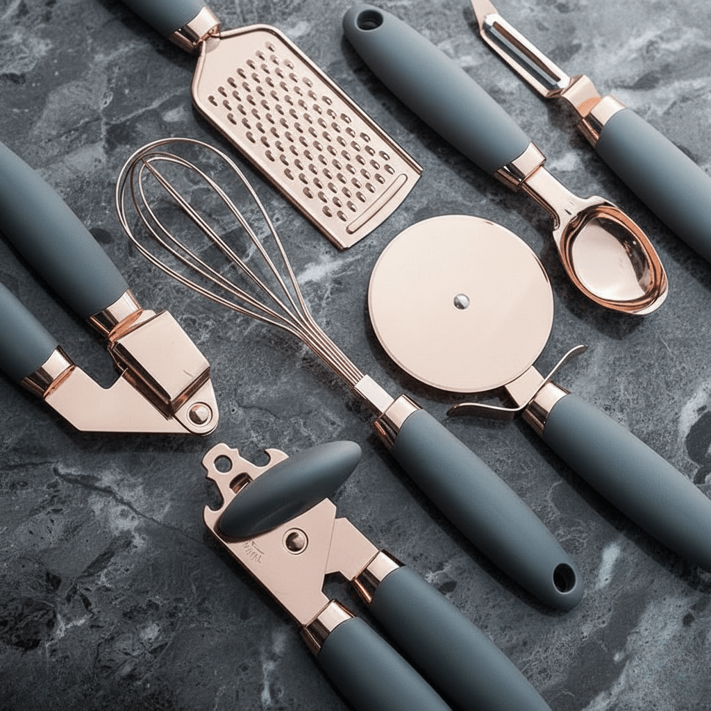 Küchenutensilien-Set, siebenteilig, in Roségold mit Silikongriffen