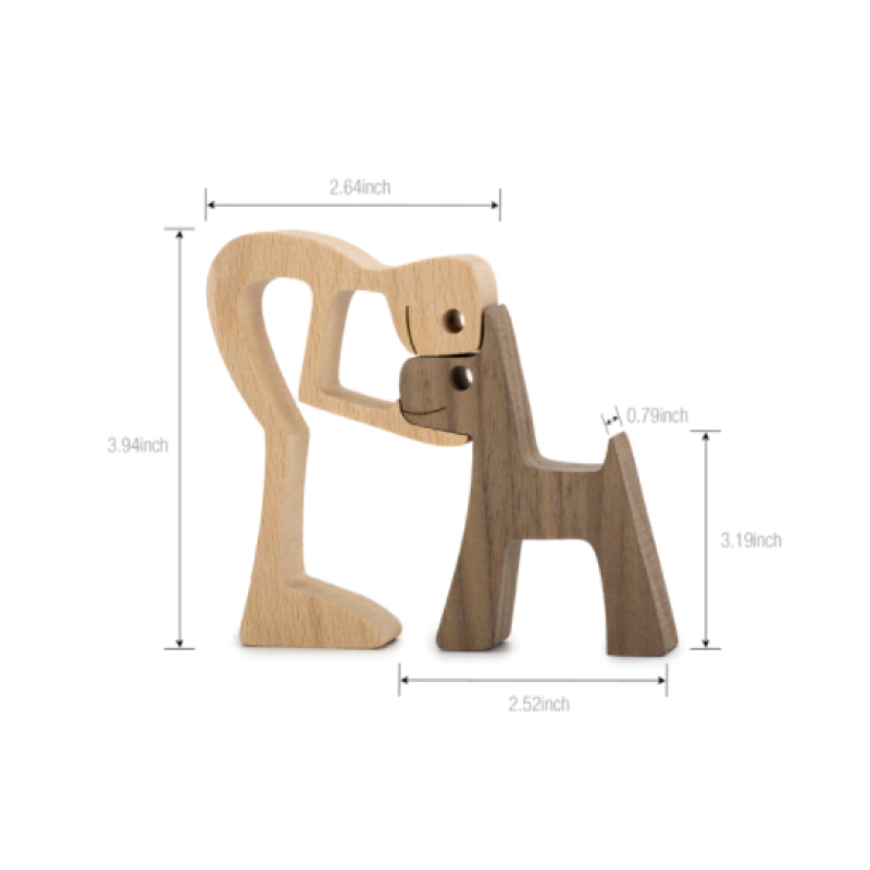 Escultura de madera artesanal de una persona y un perro