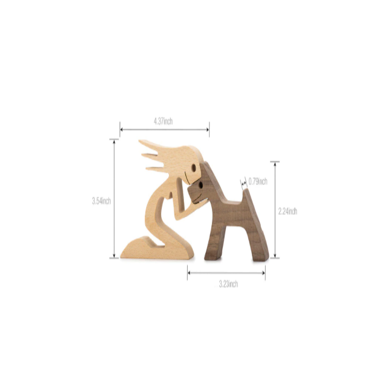 Escultura de madera artesanal de una persona y un perro