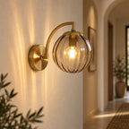 Ribbed Glass Globe Wall Light with Gold Arm