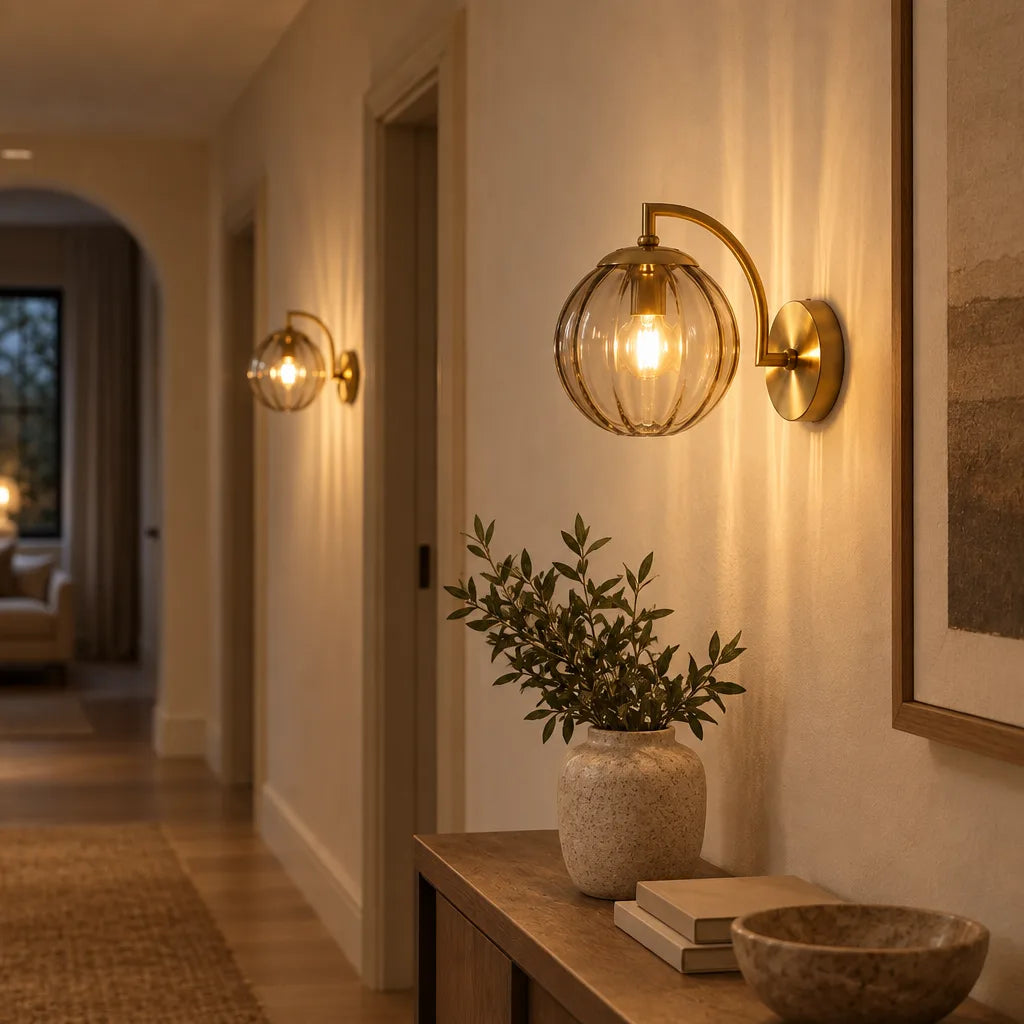 Ribbed Glass Globe Wall Light with Gold Arm