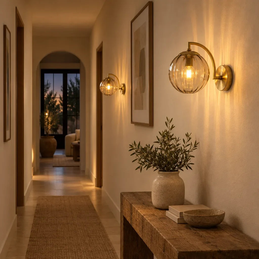 Ribbed Glass Globe Wall Light with Gold Arm