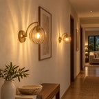 Ribbed Glass Globe Wall Light with Gold Arm