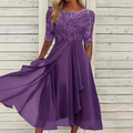 Elegantes Damen-Midikleid aus Spitze und Chiffon mit Dreiviertelärmeln, Rundhalsausschnitt und fließendem Lagenrock