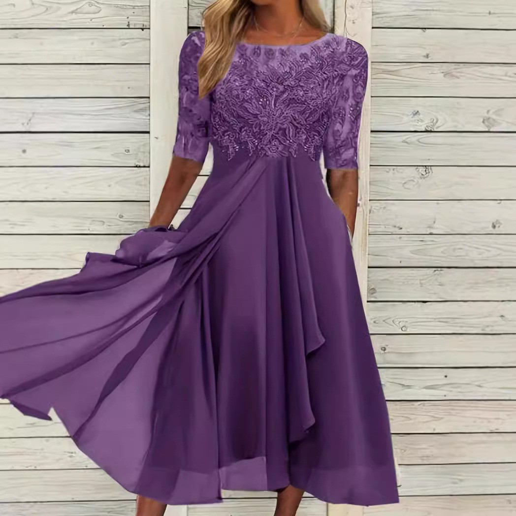 Elegantes Damen-Midikleid aus Spitze und Chiffon mit Dreiviertelärmeln, Rundhalsausschnitt und fließendem Lagenrock