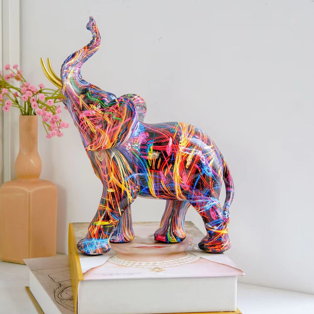 Bunte Elefantenfigur aus Kunstharz mit Graffiti-Motiv, moderne Skulptur