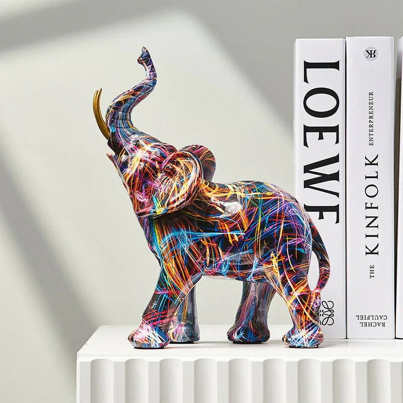 Bunte Elefantenfigur aus Kunstharz mit Graffiti-Motiv, moderne Skulptur