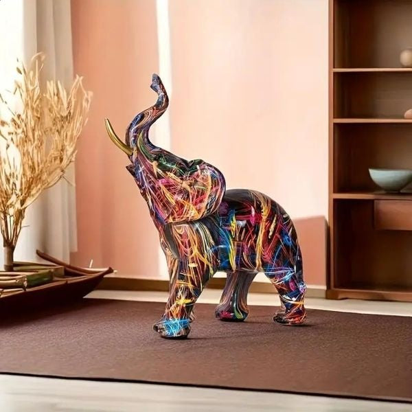 Bunte Elefantenfigur aus Kunstharz mit Graffiti-Motiv, moderne Skulptur