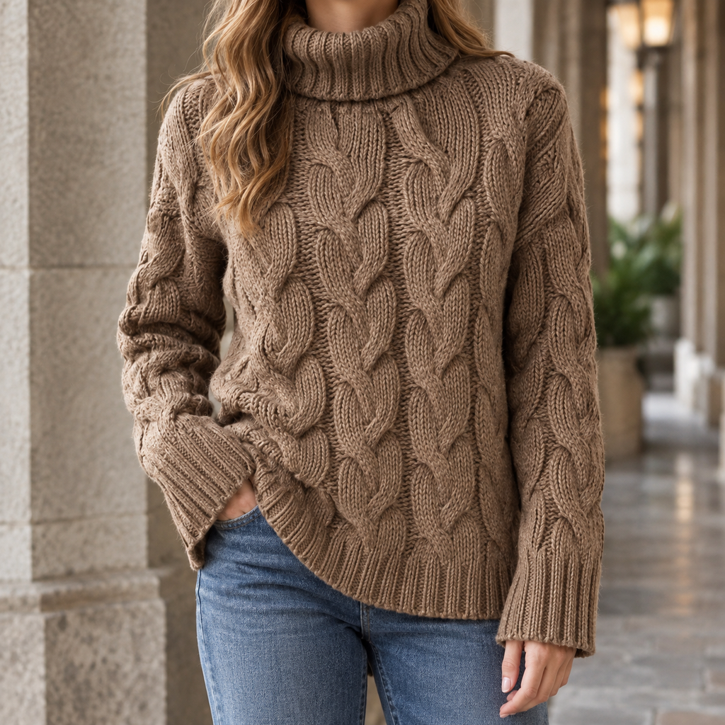 Maglione a collo alto da donna in maglia a trecce