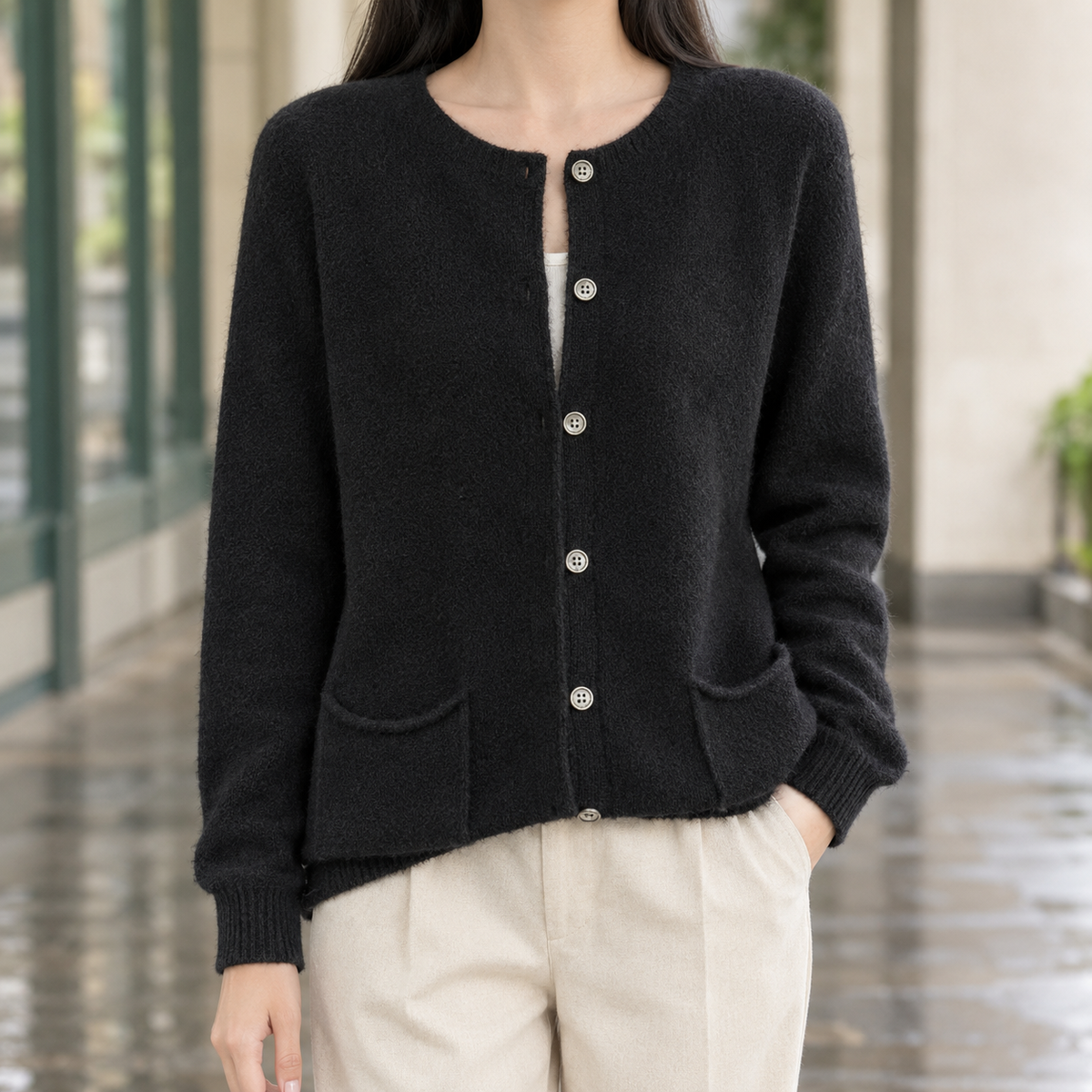 Women's Round Neck Button-Up Knit Cardigan