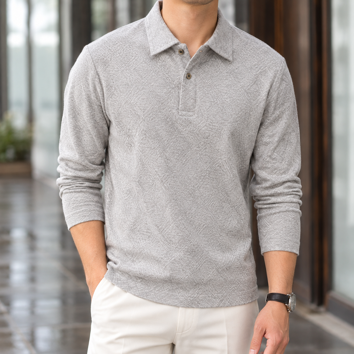 Men's Jacquard Textured Long Sleeve Polo Shirt