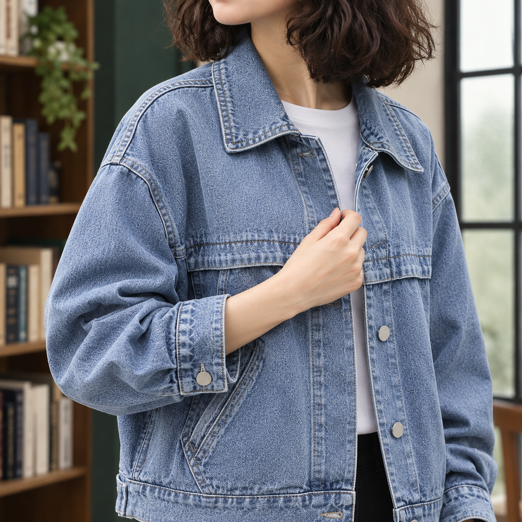 Oversized jeansjacka för kvinnor med tryck på ryggen