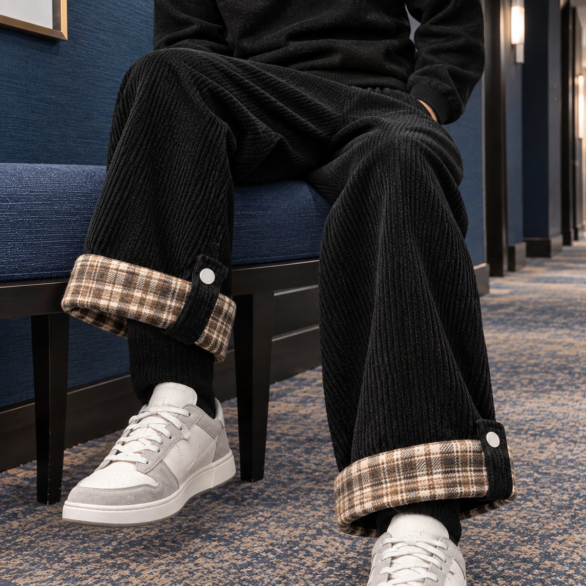 Men's Corduroy Pants with Plaid Cuff Detail