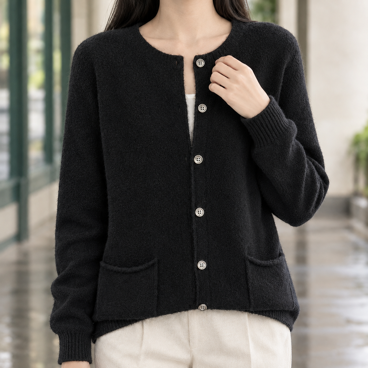 Women's Round Neck Button-Up Knit Cardigan