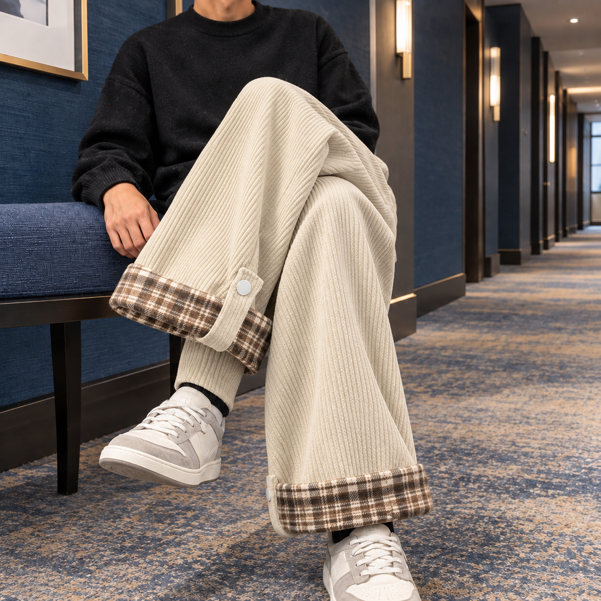 Men's Corduroy Pants with Plaid Cuff Detail