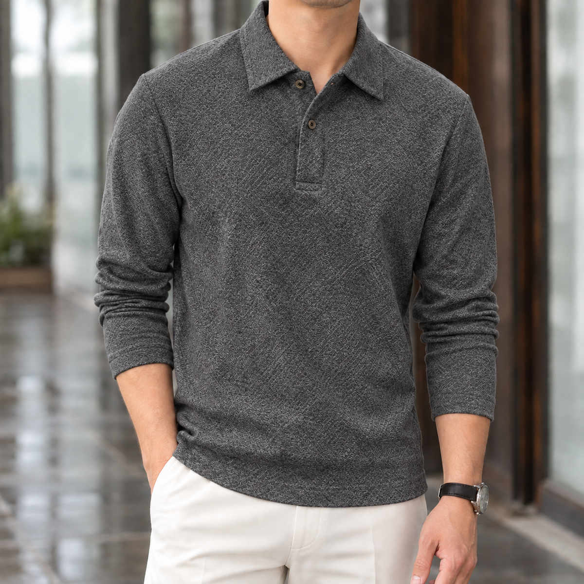 Men's Jacquard Textured Long Sleeve Polo Shirt