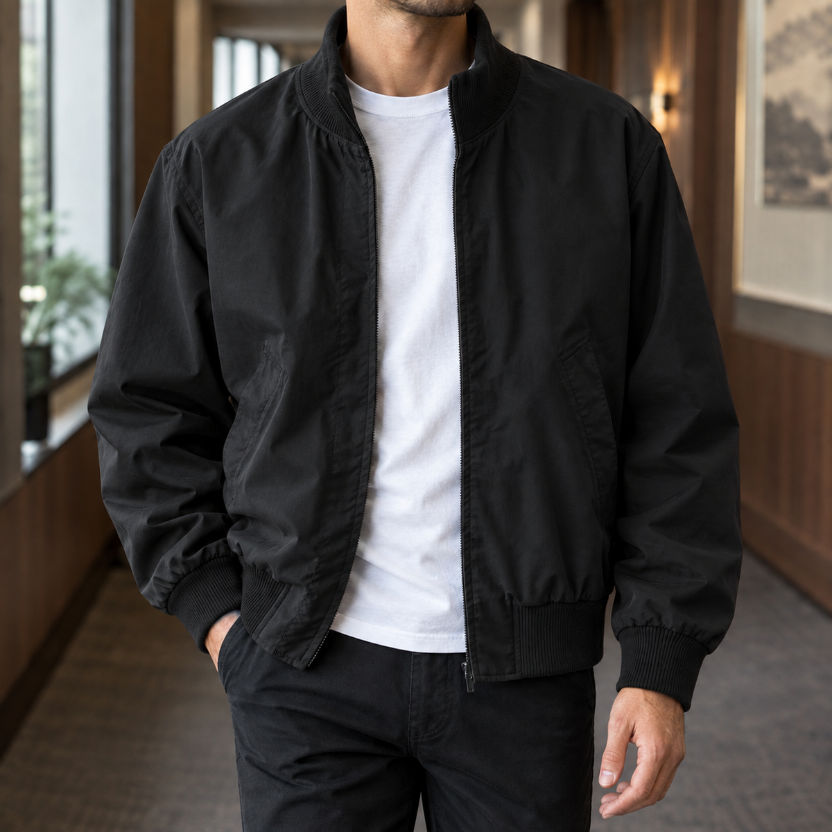 Men's Ribbed Collar Bomber Jacket