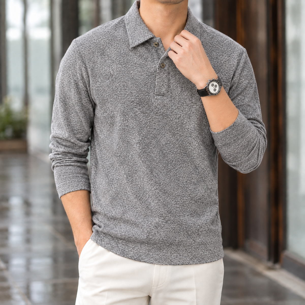 Men's Jacquard Textured Long Sleeve Polo Shirt