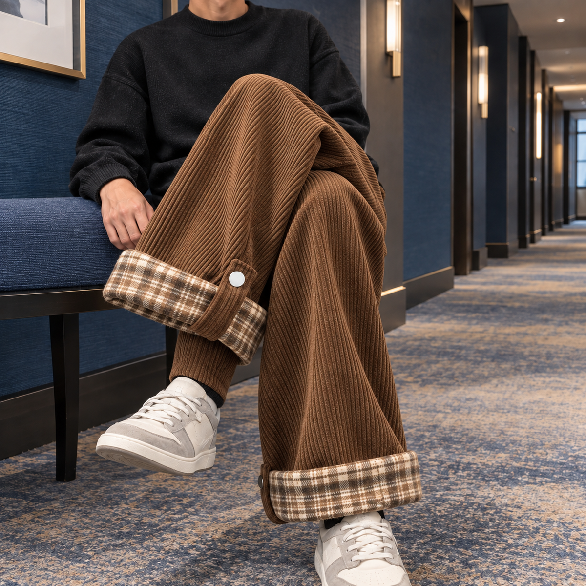 Men's Corduroy Pants with Plaid Cuff Detail