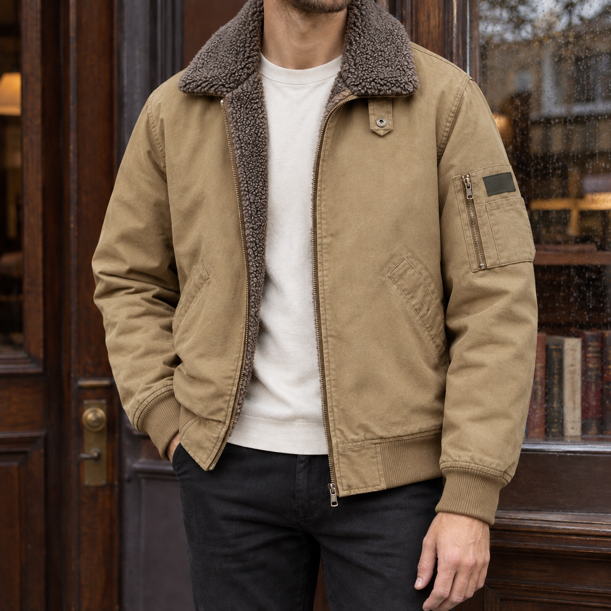 Men's Sherpa Collar Zip-Up Bomber Jacket