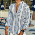 Camisa de algodón y lino a rayas para hombre con mangas largas para uso veraniego