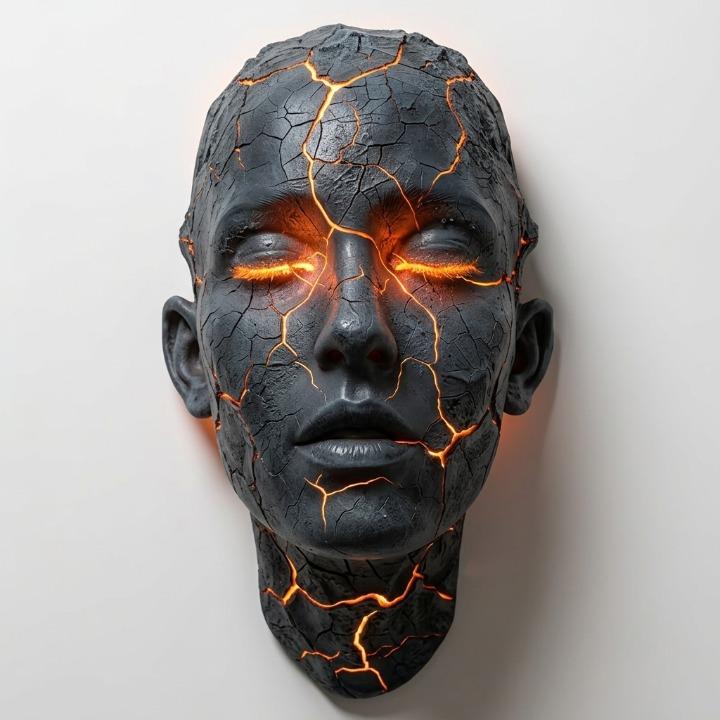 Skulptural LED-vägglampa med ansiktsmotiv och upplysta sprickor