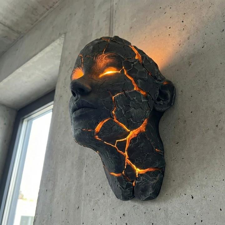 Skulptural LED-vägglampa med ansiktsmotiv och upplysta sprickor
