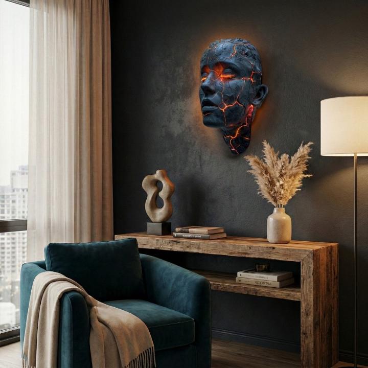 Skulptural LED-vägglampa med ansiktsmotiv och upplysta sprickor