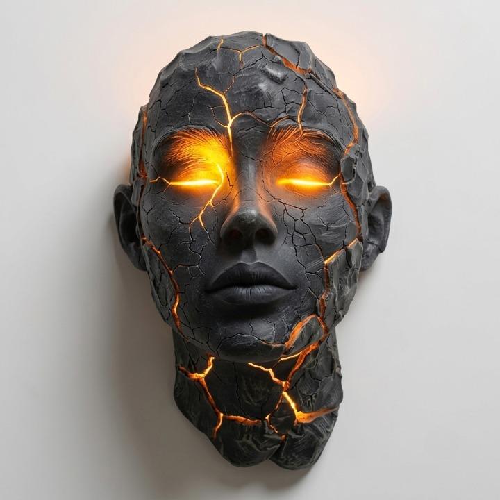 Skulptural LED-vägglampa med ansiktsmotiv och upplysta sprickor