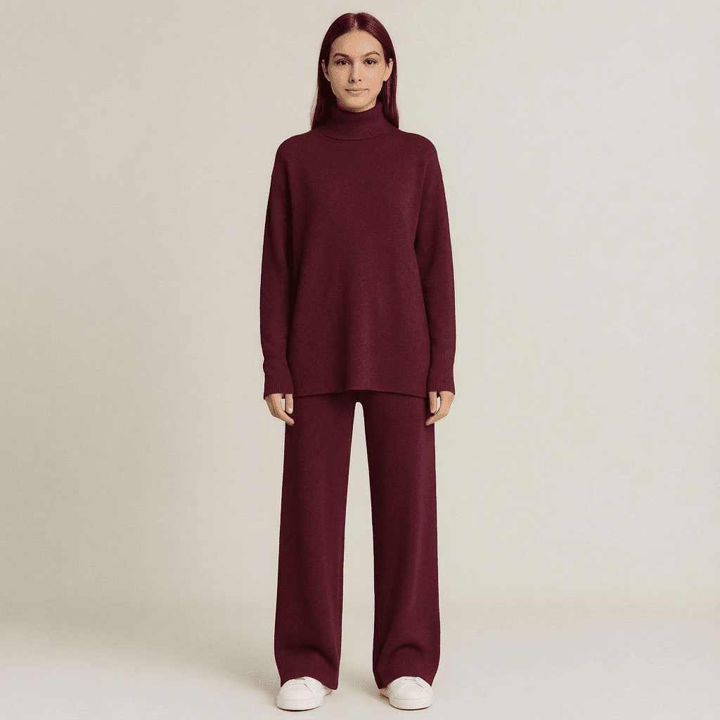 Women's Turtleneck Knit Top and Wide-Leg Pants Set