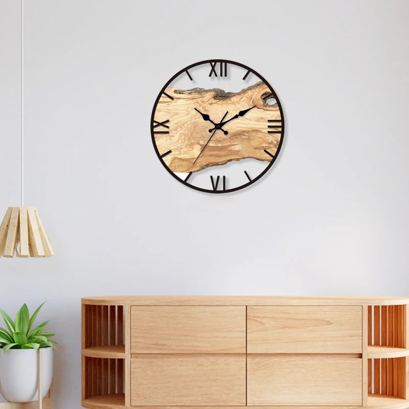 Natural Wood & Epoxy Silent Roman Numeral Wall Clock