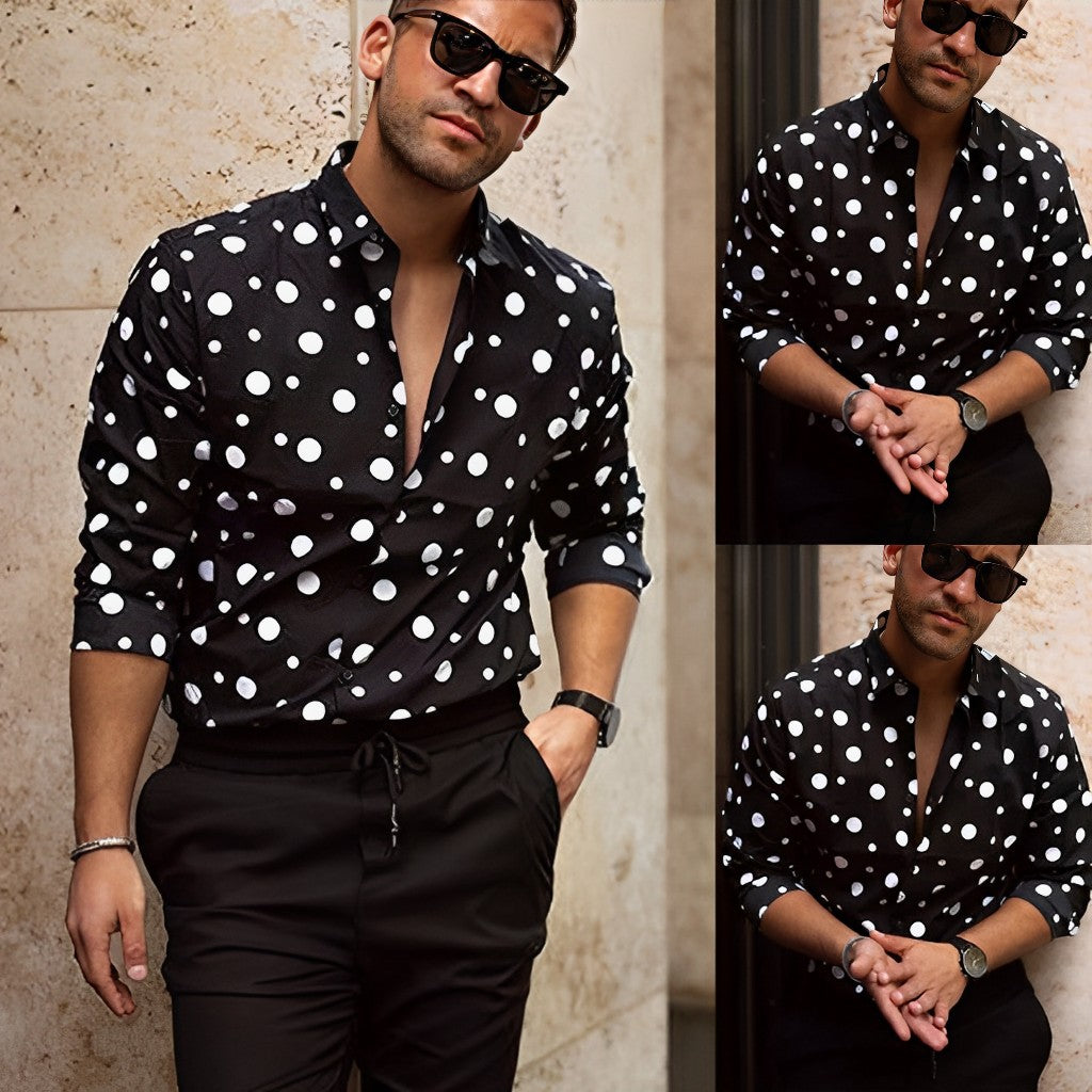 Men's Polka Dot Shirt with Band Collar and Long Sleeves