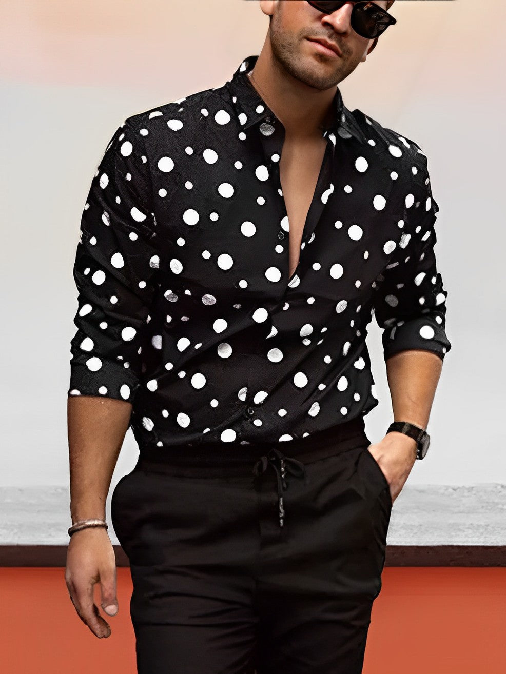Men's Polka Dot Shirt with Band Collar and Long Sleeves