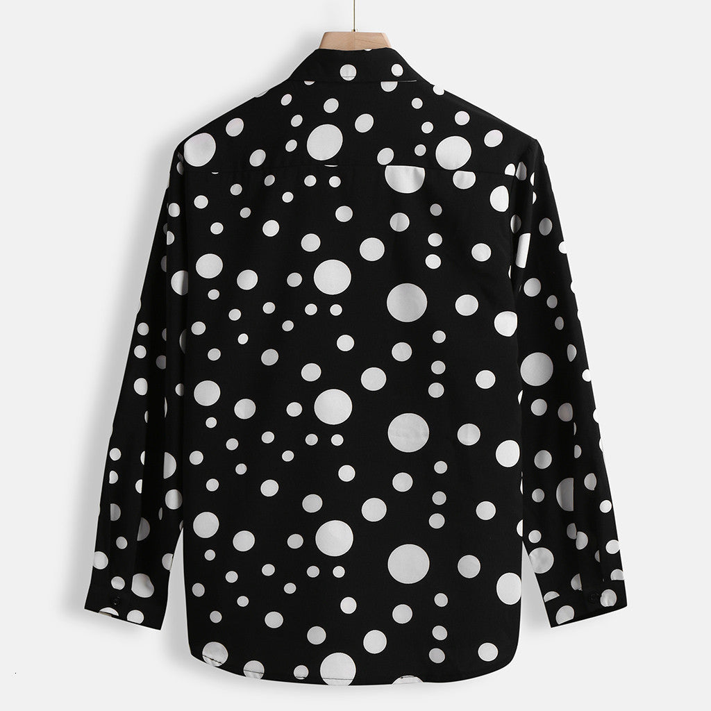 Men's Polka Dot Shirt with Band Collar and Long Sleeves