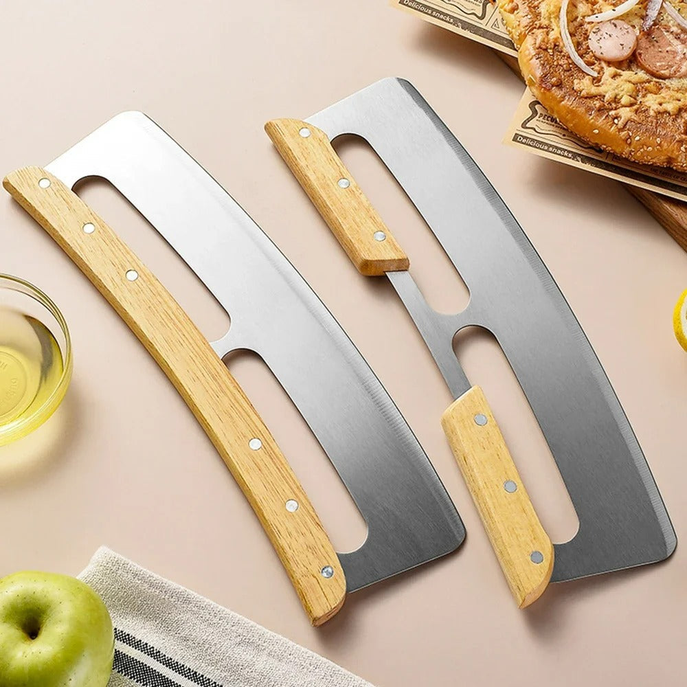 Tagliapizza oscillante in acciaio inossidabile con manico in legno