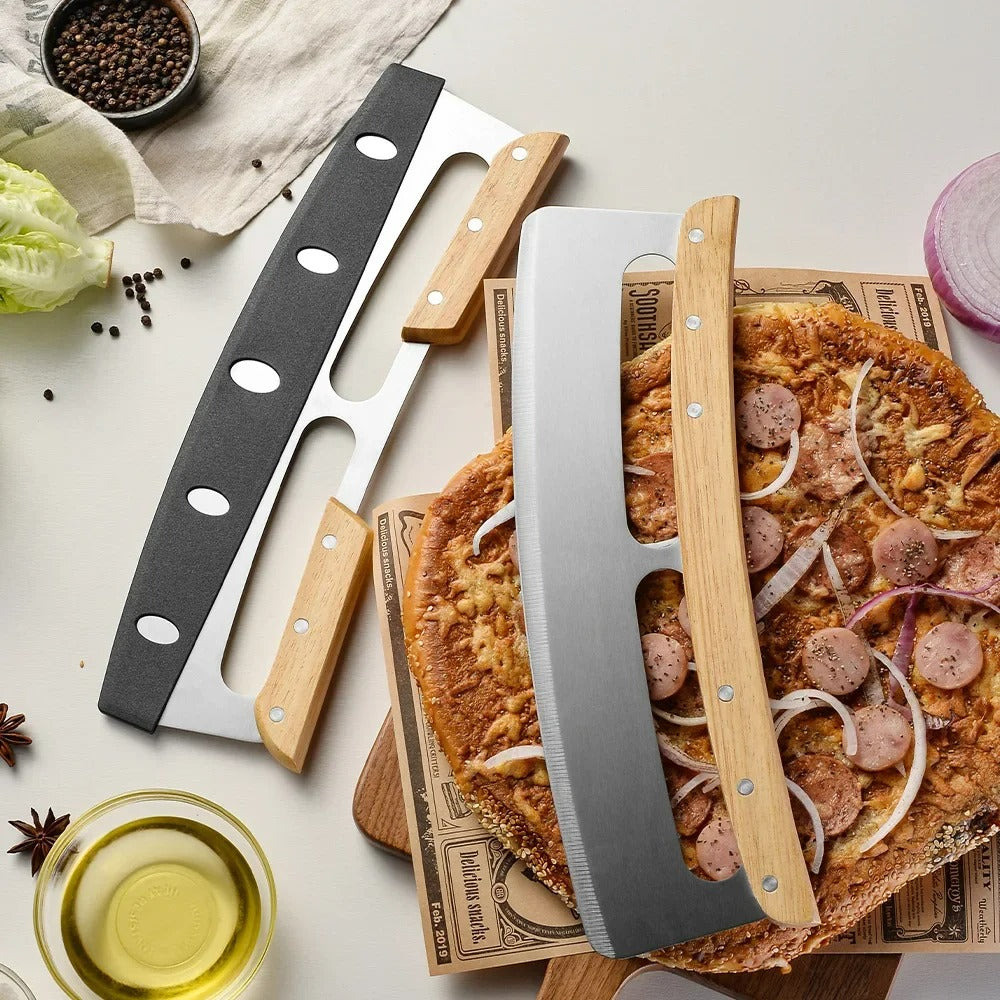 Tagliapizza oscillante in acciaio inossidabile con manico in legno