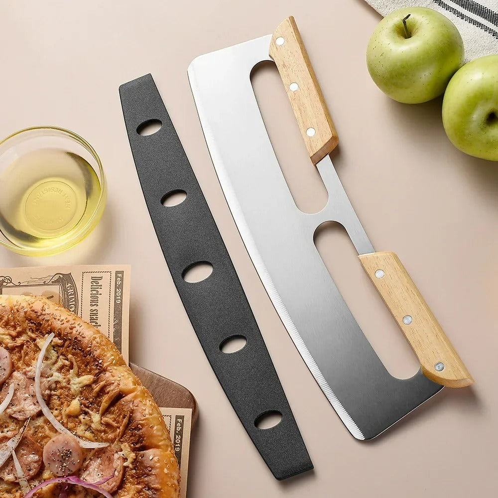 Tagliapizza oscillante in acciaio inossidabile con manico in legno