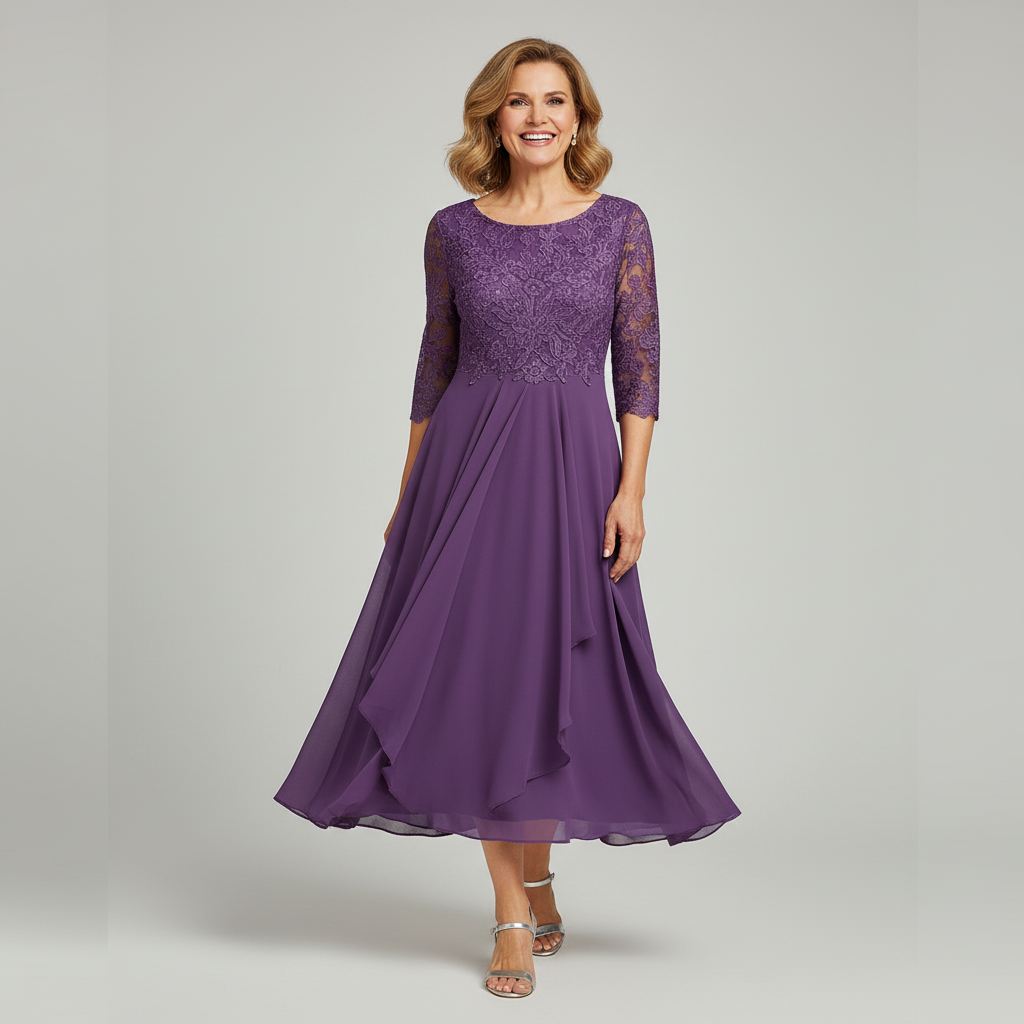 Vestido midi elegante de encaje para mujer, con mangas tres cuartos, cuello redondo y falda fluida de varias capas