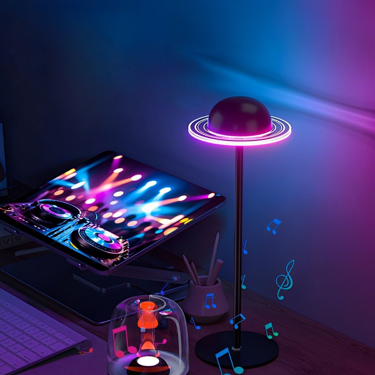 Lampa stołowa LED reagująca na muzykę, z motywem galaktyki