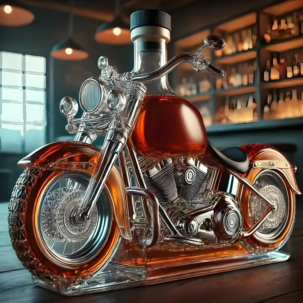 Decantador de vidrio con forma de motocicleta y diseño detallado de crucero