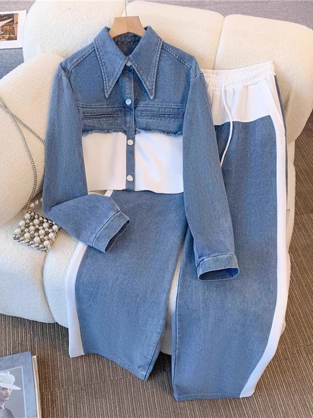 Women’s Denim Contrast Two-Piece Set