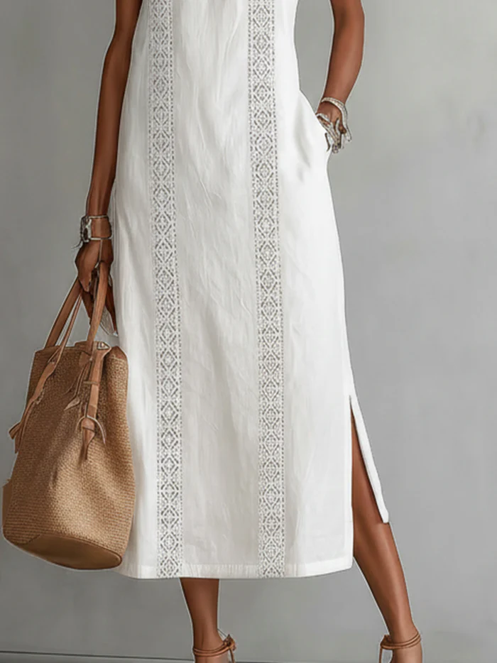 Women's Sleeveless Midi Dress with Lace Panels and High Neck Design