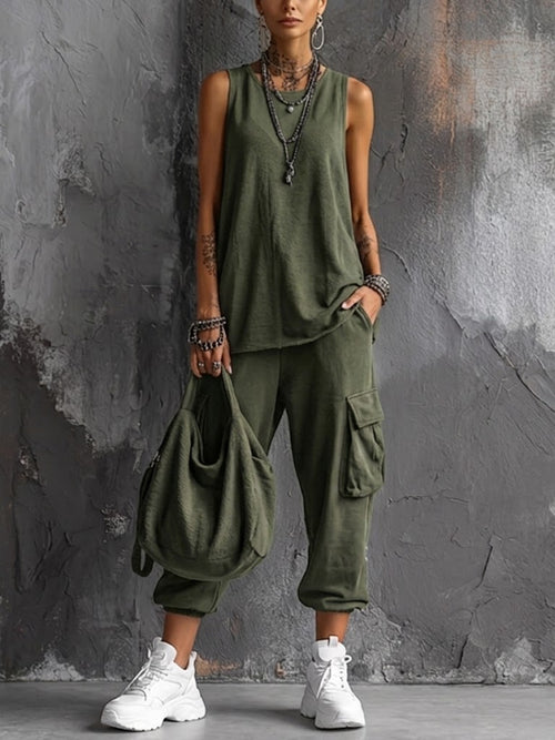 Women's Sleeveless Tank Top and Cargo Jogger Pants Set