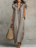 Vestido maxi casual para mujer con escote en V, ribete con volantes y bolsillos laterales prácticos  