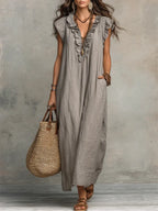 Vestido maxi casual para mujer con escote en V, ribete con volantes y bolsillos laterales prácticos  