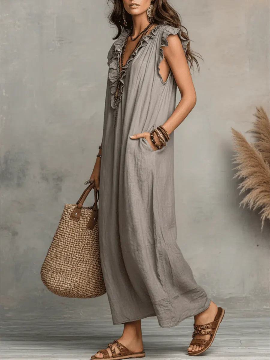 Vestido maxi casual para mujer con escote en V, ribete con volantes y bolsillos laterales prácticos  