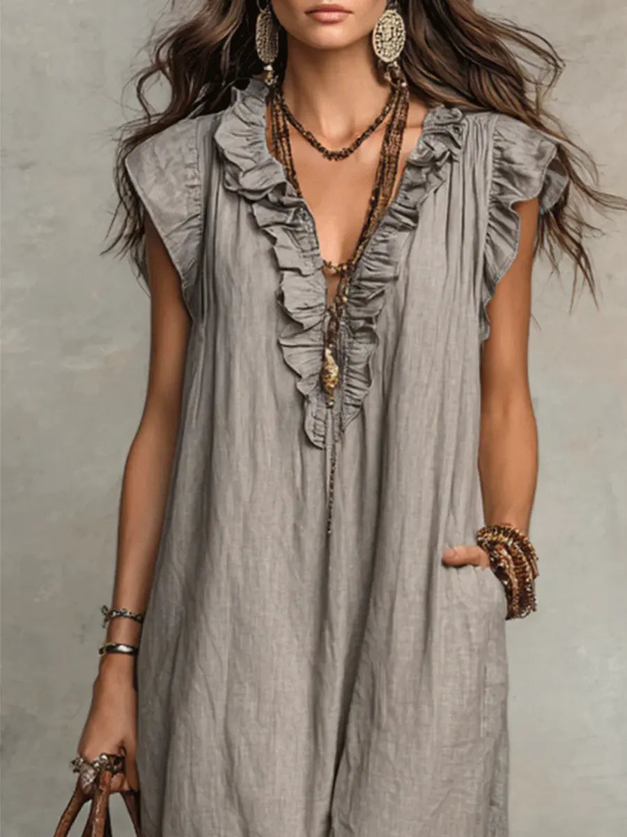 Vestido maxi casual para mujer con escote en V, ribete con volantes y bolsillos laterales prácticos  
