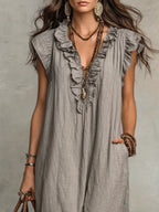 Vestido maxi casual para mujer con escote en V, ribete con volantes y bolsillos laterales prácticos  