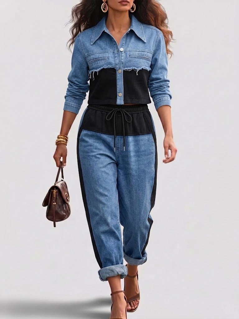 Damen-Zweiteiler aus Denim mit Kontrastdetails